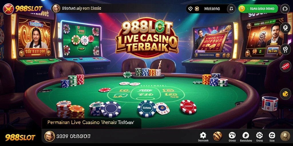 Screenshot 988SLOT menampilkan dealer langsung dan suasana permainan yang mendebarkan.