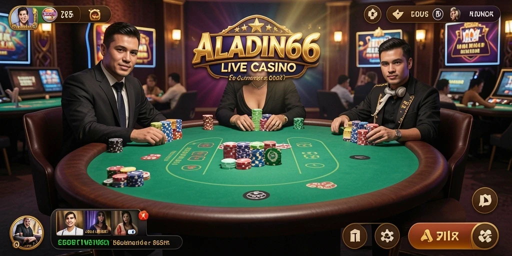 Screenshot ALADIN66 menunjukkan dealer live yang profesional dan suasana kasino yang autentik.