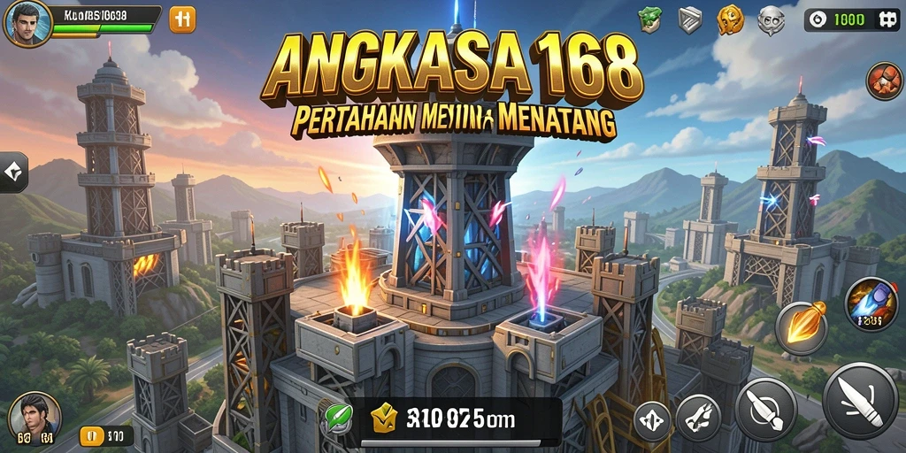 Screenshot gameplay menunjukkan pertahanan menara yang intens.