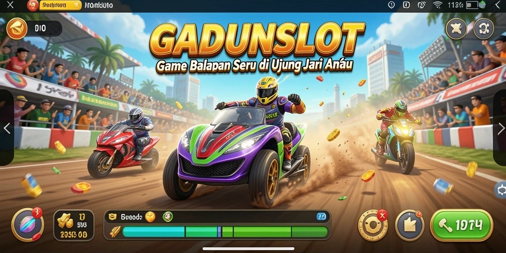 Tampilan gameplay GADUNSLOT yang seru dan penuh aksi balapan.