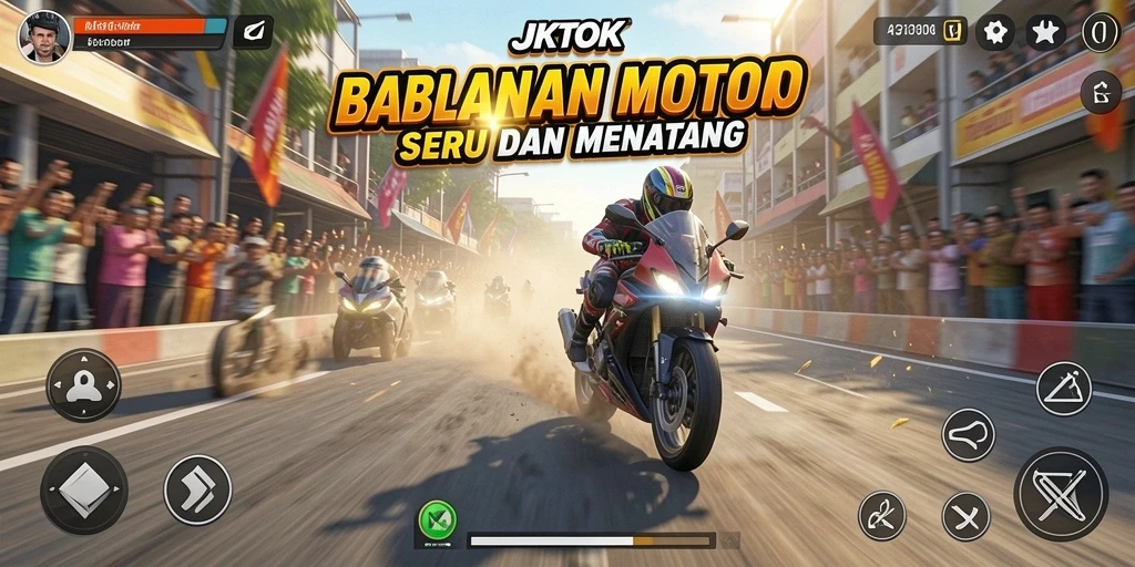 Tampilan gameplay JKTOK dengan balapan sepeda motor yang mendebarkan.
