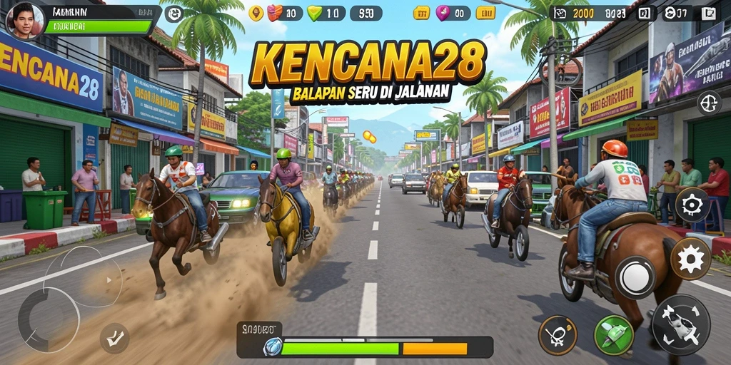 Tampilan gameplay menarik KENCANA28 saat balapan di trek menantang.