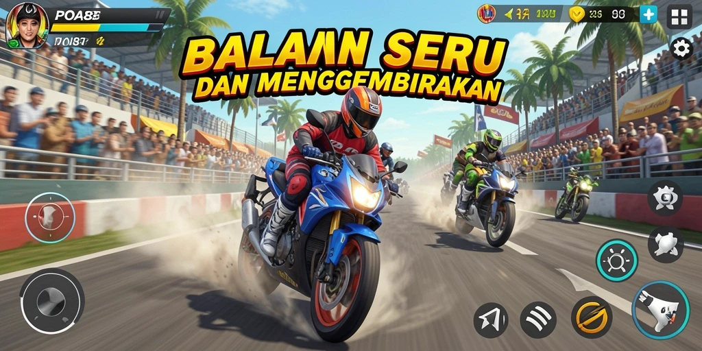 Tampilan balapan seru dengan motor berkecepatan tinggi dan trek yang menantang.